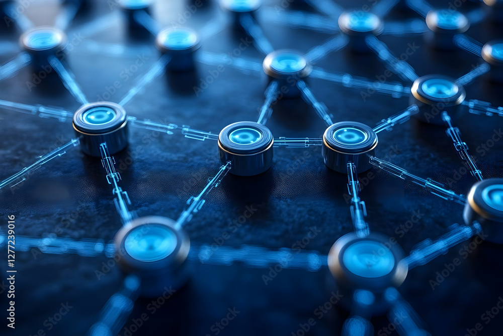 Poster abstract network of interconnected nodes on a dark surface in cool blue lighting