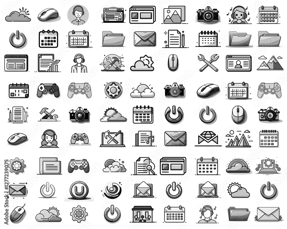 Poster Collection of monochrome icons in a grid layout.  Various symbols for computer, internet, and user interface elements are depicted in black and white.