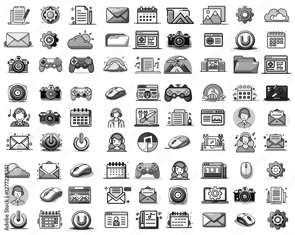 Poster collection of monochrome icons depicting diverse functions and categories such as settings, files, c