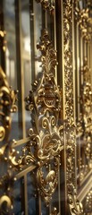 Intricate golden Versailles gate close-up, detailed filigree patterns, soft glimmers reflecting on gold, photorealistic textures distorted.