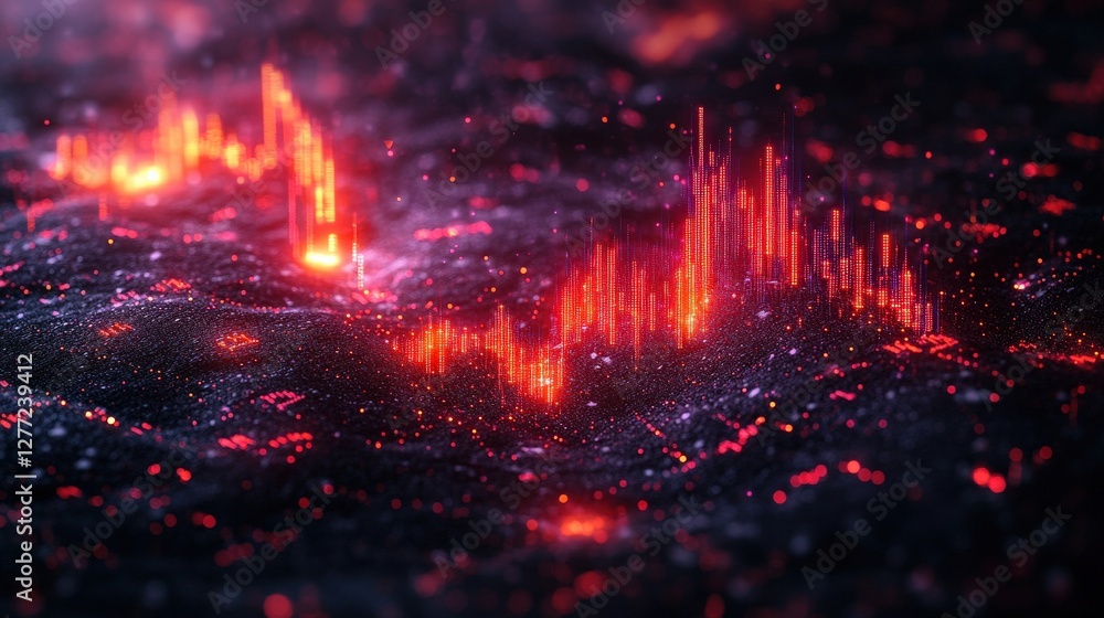 Poster abstract visualization of vibrant data trends with glowing peaks and valleys against a dark backdrop