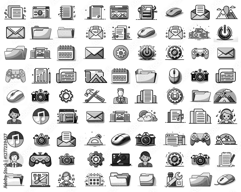 Poster Collection of grayscale icons representing various interface elements. Features office, computer, settings, communication, tools, and more for design use.
