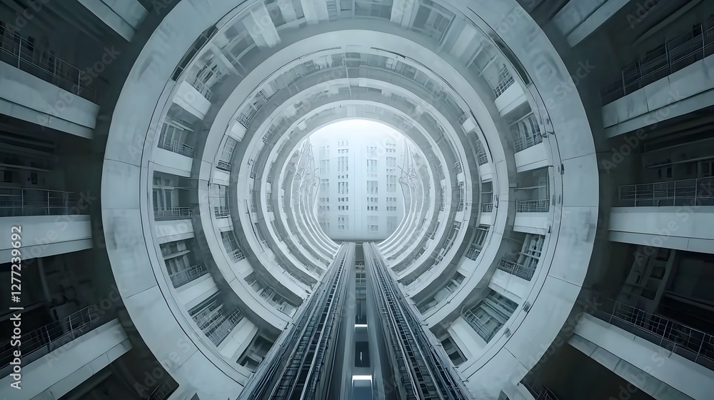 Aufkleber Symmetrical view inside a deep cylindrical metro tunnel showcasing a futuristic architectural design with minimalist concrete structures geometric patterns and a captivating perspective