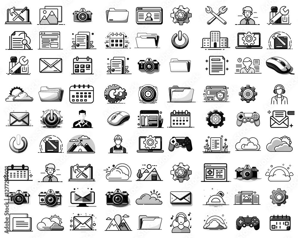 Poster collection of outlined icons in black and white. graphics include technology, communication, setting