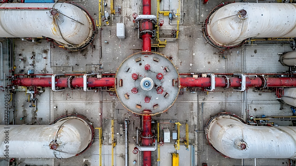 Poster this image showcases the intricate network of pipes valves and other equipment that make up an indus