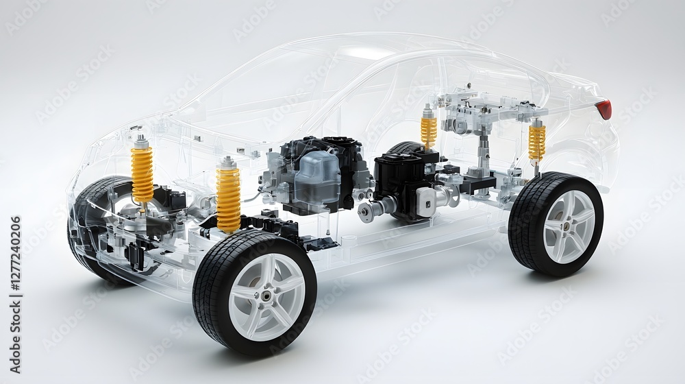 Poster Transparent 3D Model of Car Chassis Showcasing Drivetrain Components  Cutaway View Highlighting Engine Transmission Suspension and Other Mechanical Systems