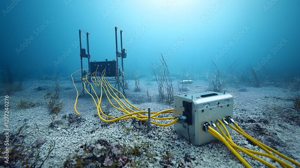 Fototapete underwater cables linking satellite uplink station in the ocean depths a photo of the complex infras