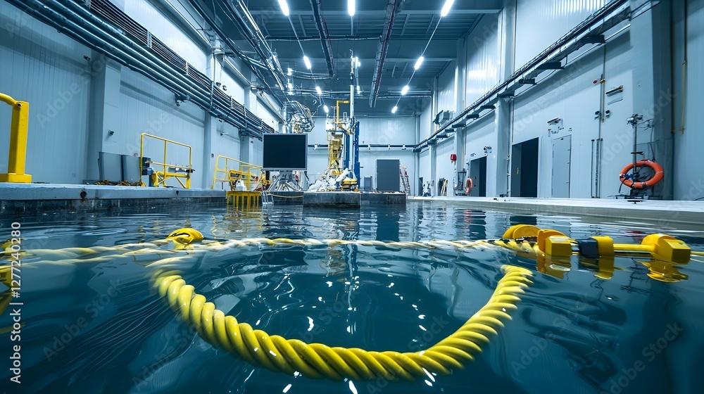 Poster underwater cables connecting to a satellite uplink station in the ocean intricate network of electri