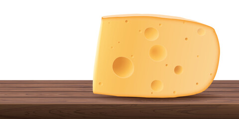 A piece of swiss cheese on a wooden cutting board with white background graphic illustration have blank space.