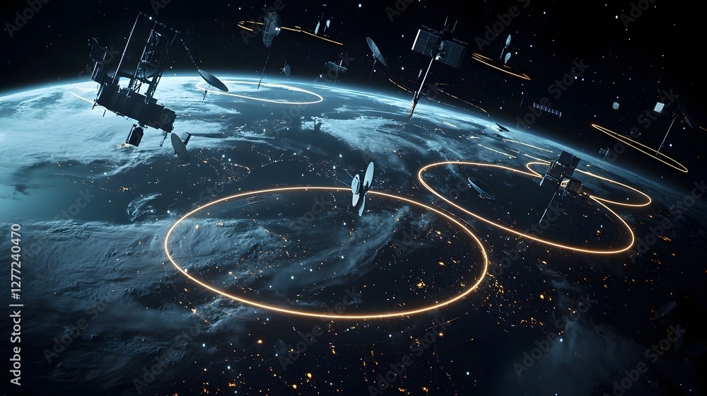 Aufkleber Visualization of Satellite Orbit Paths Illustrated with Glowing Arcs Over the Earth s Atmosphere in a Futuristic Scientific and Technological Concept