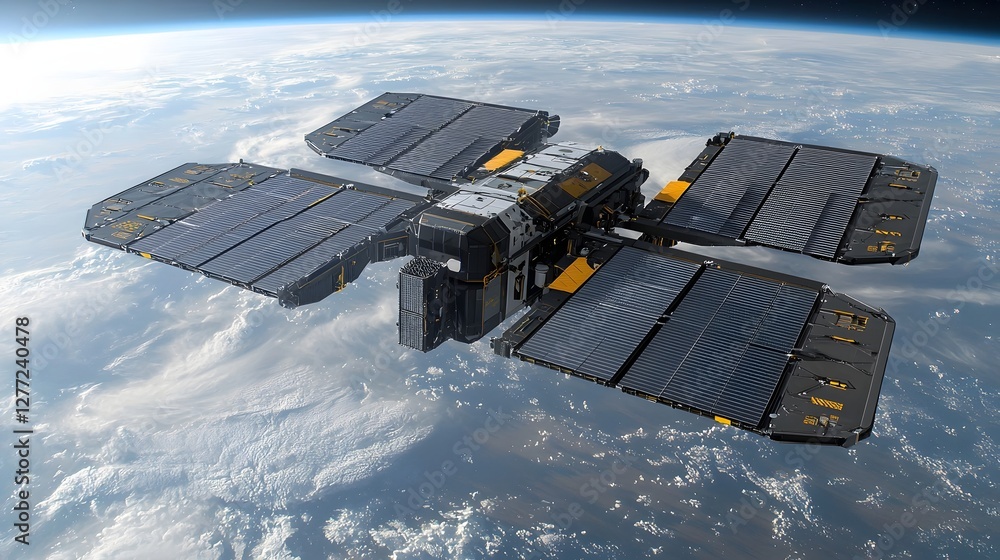 Poster visionary satellite spacecraft with foldable solar panels expanding in the vastness of space harness