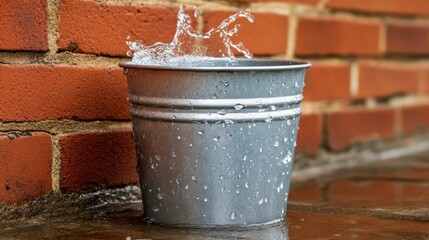 Obraz premium A metal bucket on a rainy day, with water splashing inside.