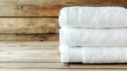 A neatly folded stack of soft white towels on a wooden surface.
