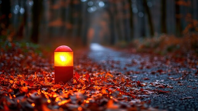Forest path marker, orange light, autumn leaves, misty woods