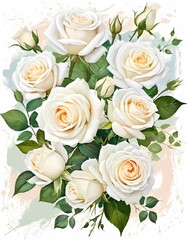 A stunning arrangement of white roses, varying in size, accented by fresh green leaves. This bouquet adds charm and elegance to any setting, perfect for celebrating special moments. Generative AI