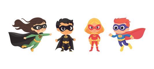 Superhero Kids Cartoon Vector Illustration. Cute Superhero Children Flying And Standing In Colorful Costumes. Superhero Characters With Capes, Masks, Powers