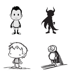 Cute Cartoon Character Designs Black and White Illustrations