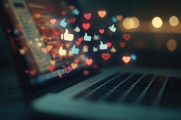Obraz premium Close-up of social media icons like thumbs up, hearts, and likes floating above an open laptop screen in the foreground, with a blurred background Generative AI