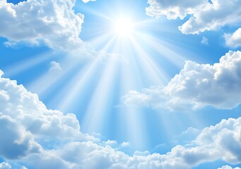 A cartoon sky with clouds, vector illustration, flat design, blue background, bright sun shining down on the ground, 