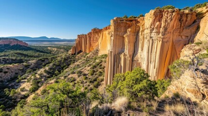 Majestic Orange Cliffs and Scenic Landscape under Clear Blue Sky in New Mexico, Capturing the Beauty of Nature, Rock Formations, and Vibrant Vegetation
