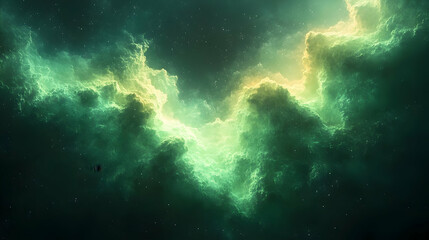 Obraz premium Green and Yellow Nebula Cloud with Stars in Deep Space Background Wallpaper