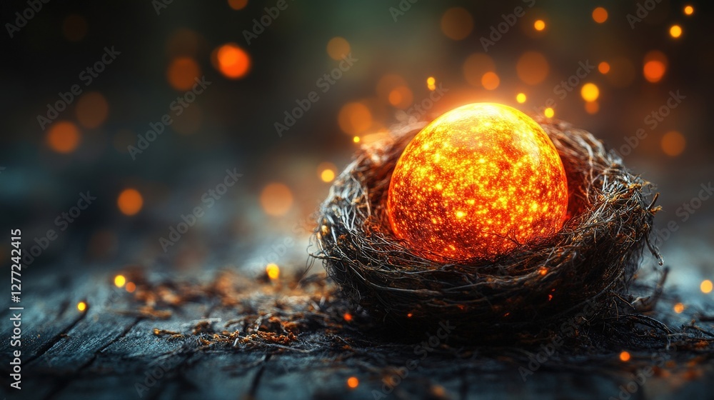 Poster glowing ember nest a fiery orb resting in a rustic nest with sparkling background