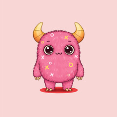 Cute Pink Monster Cartoon Character with Horns Standing on Pink Background
