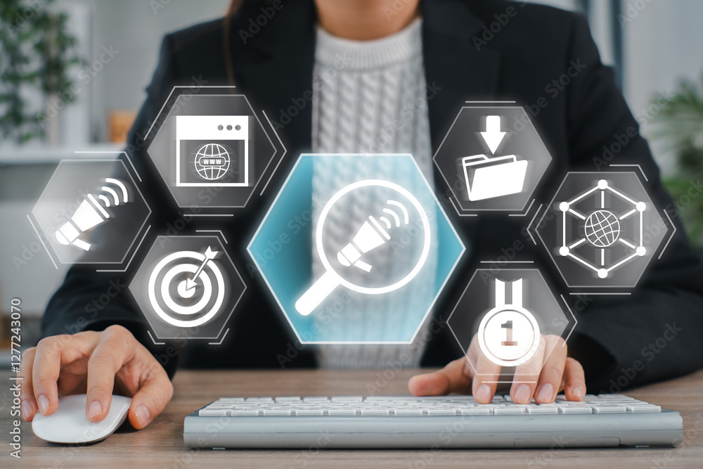 Aufkleber visual representation of search engine marketing with digital icons and analytics symbols.