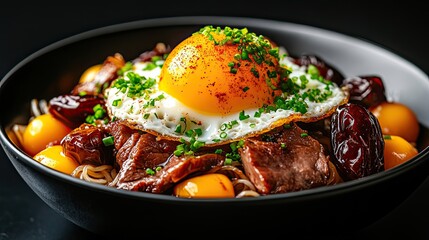 Bowl with fried egg, noodles, meat, and tomatoes, on a black background. Food photography
