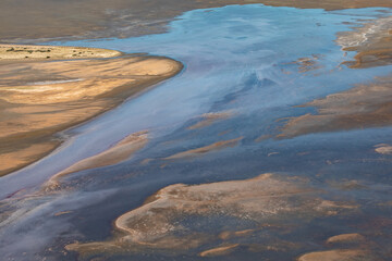 Kati Thanda, Lake Eyre, South Australia, Australia. Aerial photography showing textures, patterns and colours of the salt lake following the seasonal flooding.