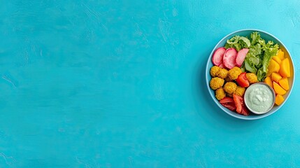 Colorful buddha bowl with falafel, radish, mango, lettuce, tomatoes. Served in a bowl on a blue background