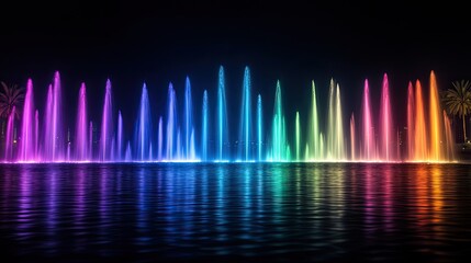 Colorful water fountain display at night, creating reflections on the lake surface; palms behind