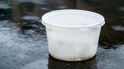 Fototapeta premium A white plastic bucket with a broken handle, sitting on a wet surface.