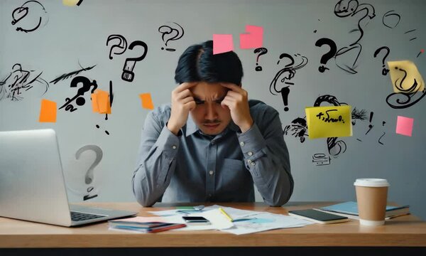 Adult ADHD, A man sits at his cluttered desk, overwhelmed by racing thoughts and distractions, as chaotic symbols swirl around his head, highlighting his struggle to focus.