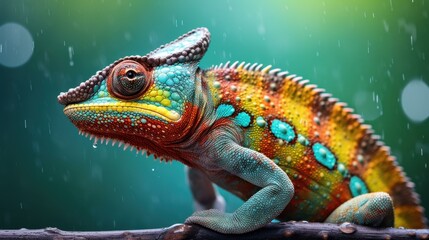 Obraz premium Stunning chameleon head captured in detail, showcasing vibrant colors against a softly blurred backdrop.