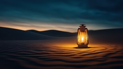 Desert lantern at dusk. Camping, travel, or adventure concept. Dark dunes are in the background