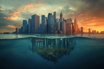 Fototapeta premium Rising waters engulf urban landscape highlighting the impact of global warming