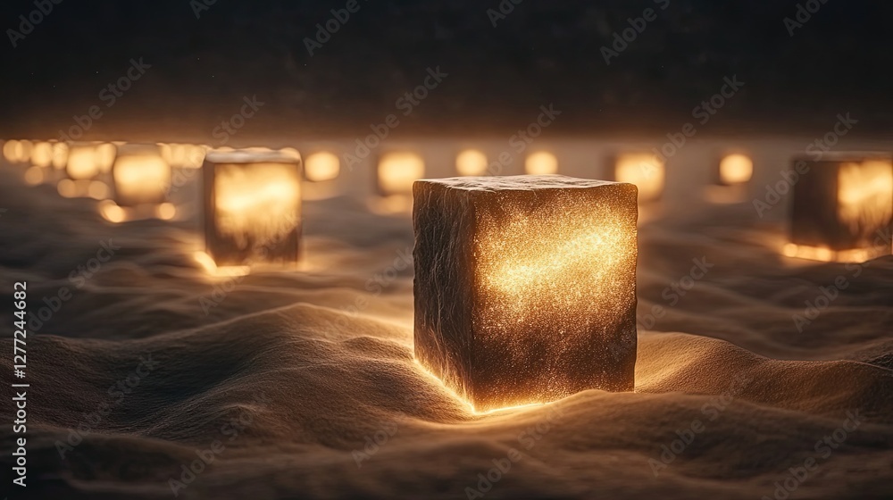 Poster glowing cube shines amid blurred cubes in a sand-like scene, for use in science and tech visuals