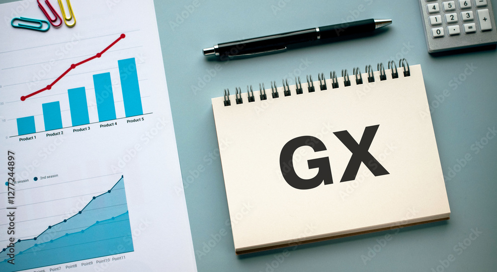 Poster there is notebook with the word gx. it is an abbreviation for green transformation as eye-catching i
