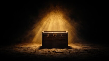 Glowing wooden chest on sand. Light rays behind it. Treasure hunt themed visual for adventures