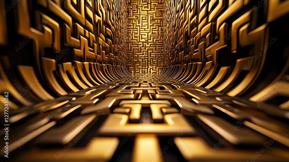 Poster golden maze endless, complex paths with light at the end, symbolizing challenges and way finding