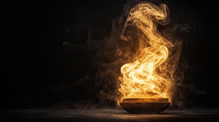 Golden smoke spirals from a bowl on a dark surface, isolated for abstract background