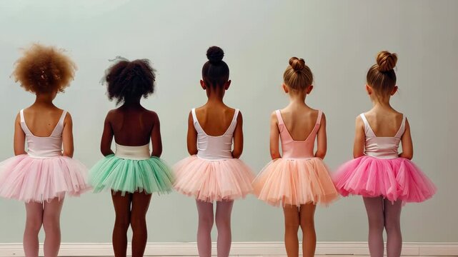 Diverse group of adorable young ballerinas in ballet class, wearing tutu skirts and leotards.