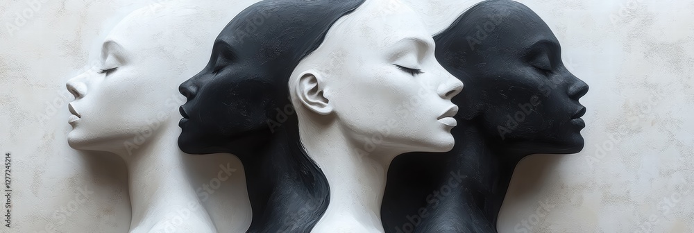 Poster black and white abstract figures showcasing different facials in harmonious alignment