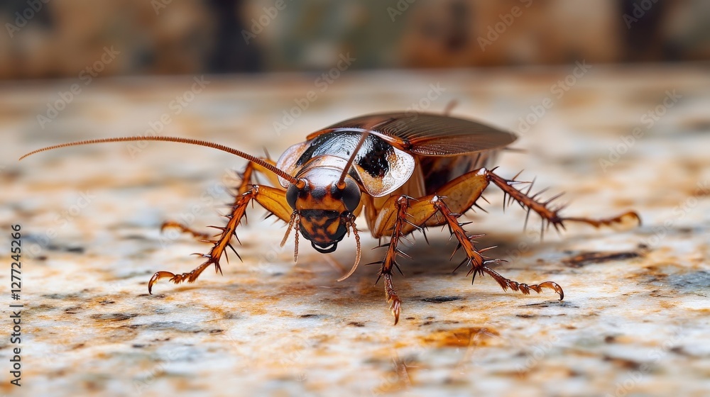 Poster close-up of a cockroach on a textured surface, showcasing its detailed anatomy and environment