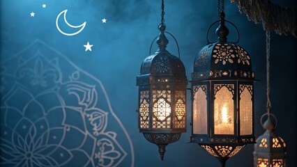 Obraz premium Ramadan mubarak 2025 ornate moroccan lanterns glowing warm light in a serene night time setting