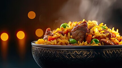 Lamb rice biryani in black bowl with peas, carrots and bokeh lights for dinner recipe promotion
