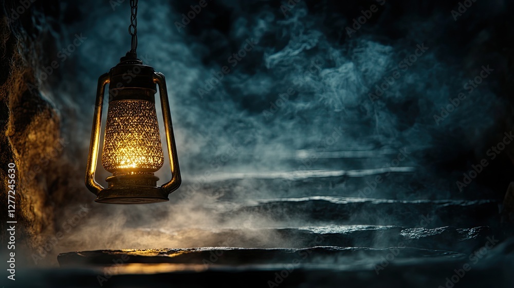 Poster lit lantern guides steps through a smoky cave, leading to an unknown path. possible adventure