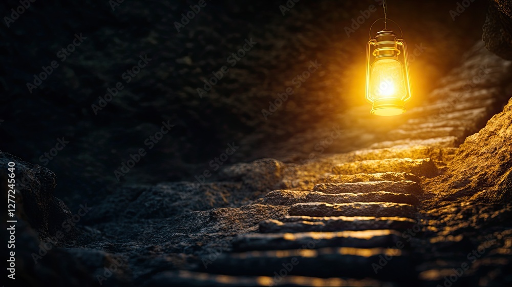 Poster lit lantern illuminates rocky steps in a dark cave, creating a path for exploration or adventure