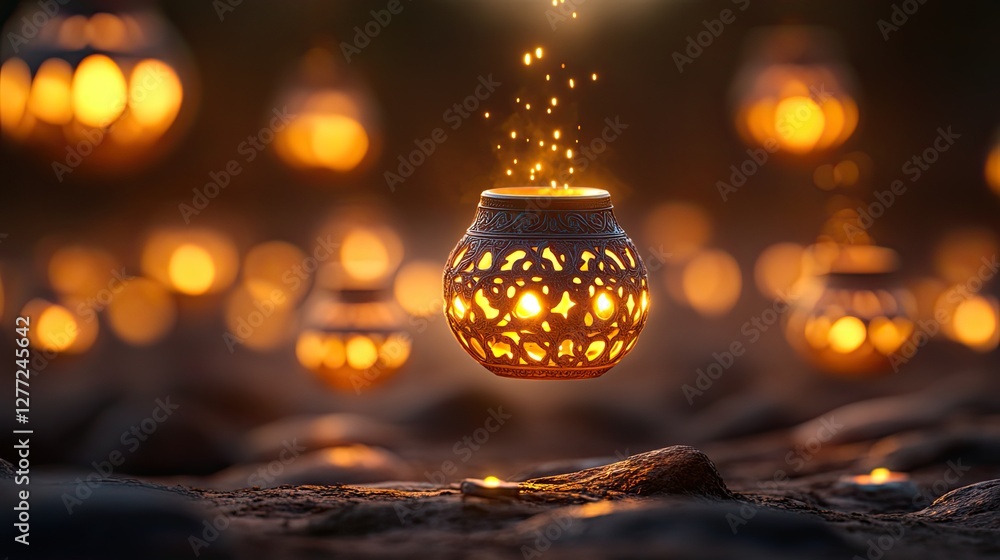 Poster lit ornate pots float in a soft-focus field creating a warm and festive, magical atmosphere